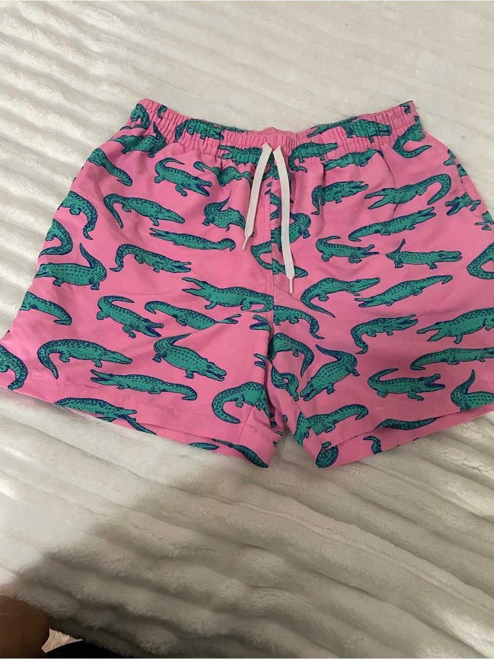 chubbies Pink Swim Trunks with Teal Alligator Print
